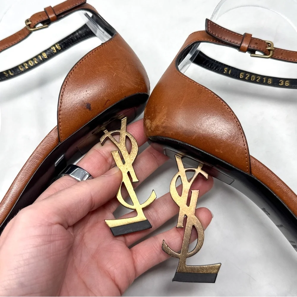 Saint Laurent Opyum 85 Leather YSL Cassandre Monogram Metal Heel Sandal Brown 36 - Picture 6 of 16